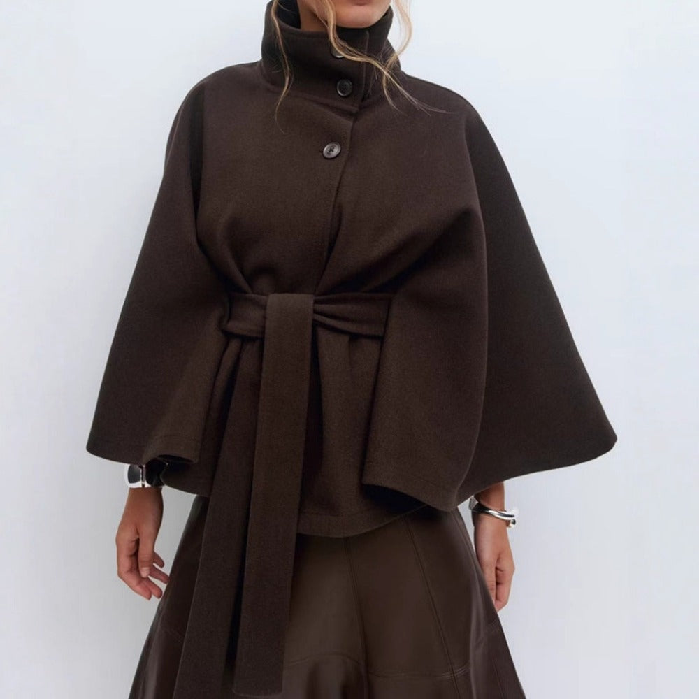Gabriela | Cape-Mantel mit Gürtel Damen Stehkragen Wolloptik