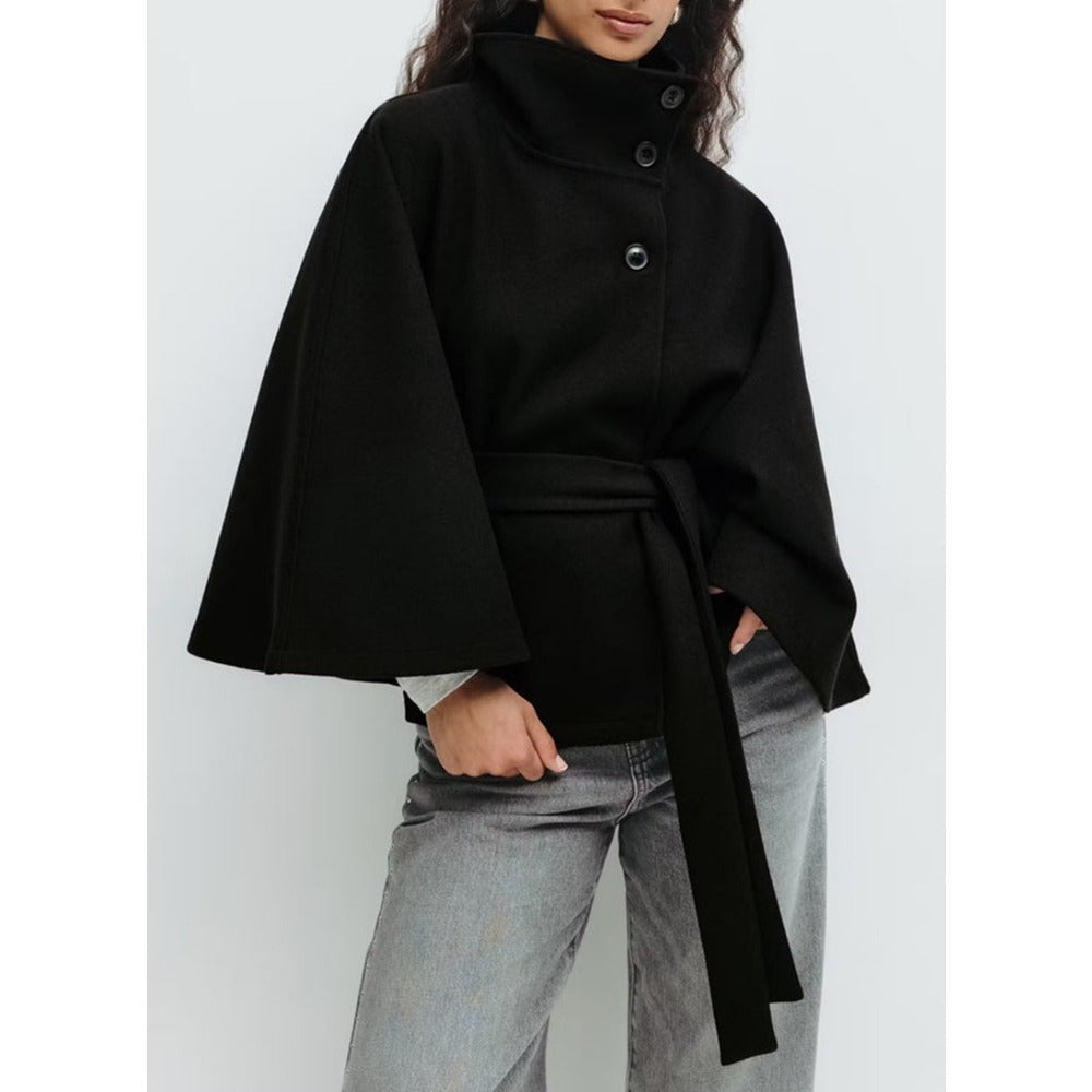 Gabriela | Cape-Mantel mit Gürtel Damen Stehkragen Wolloptik
