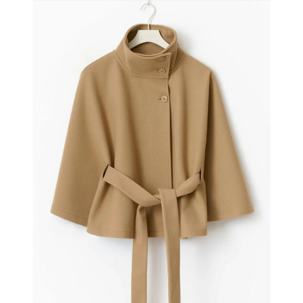 Gabriela | Cape-Mantel mit Gürtel Damen Stehkragen Wolloptik