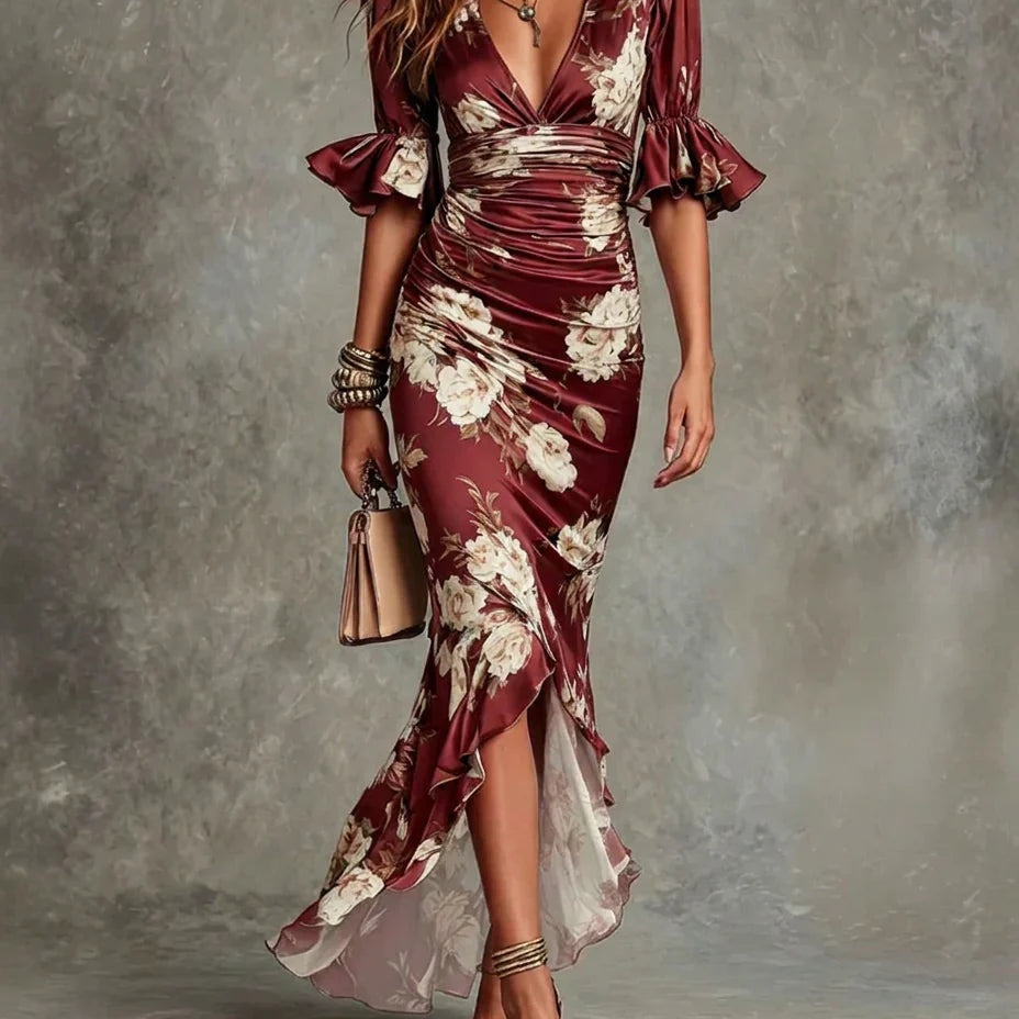 Gabriela | Langes Satinkleid mit Blumenprint Damen Tiefem V-Ausschnitt Geraffter Taille
