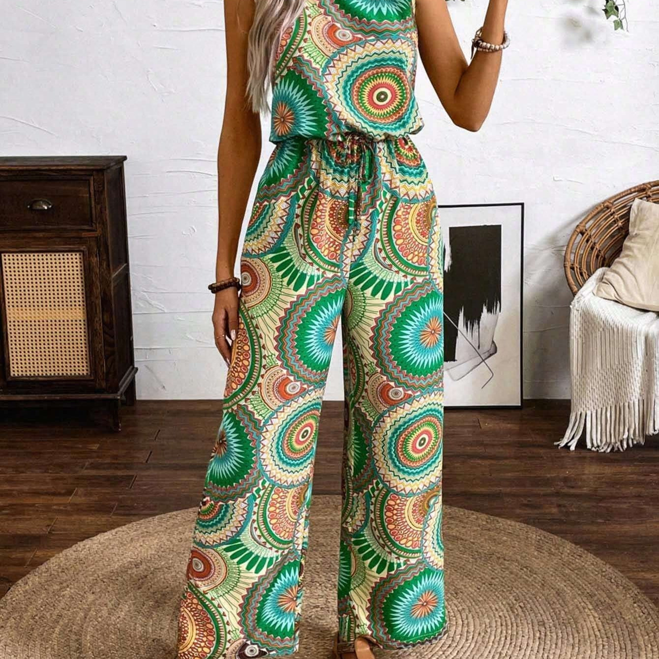 Gabriela | Overall Damen Weites Bein Mandala-Print Tunnelzug