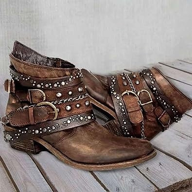 Gabriela | Stiefeletten Damen Vintage Leder Nieten Schnallen