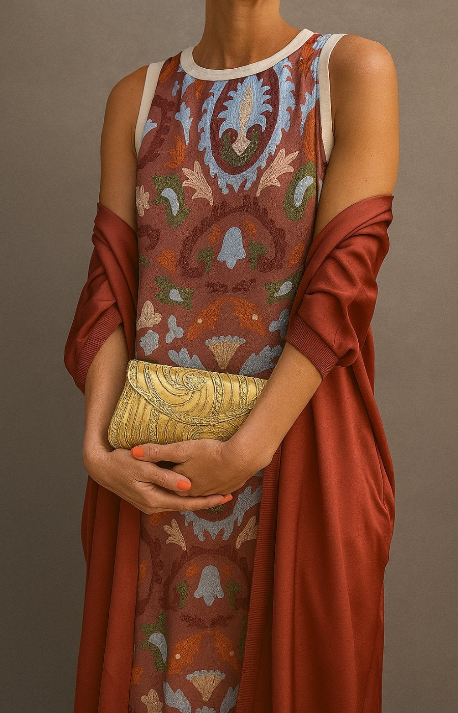 Gabriella | Alkalmi Maxi Ruha Női Ujjatlan Virágmintás Sállal