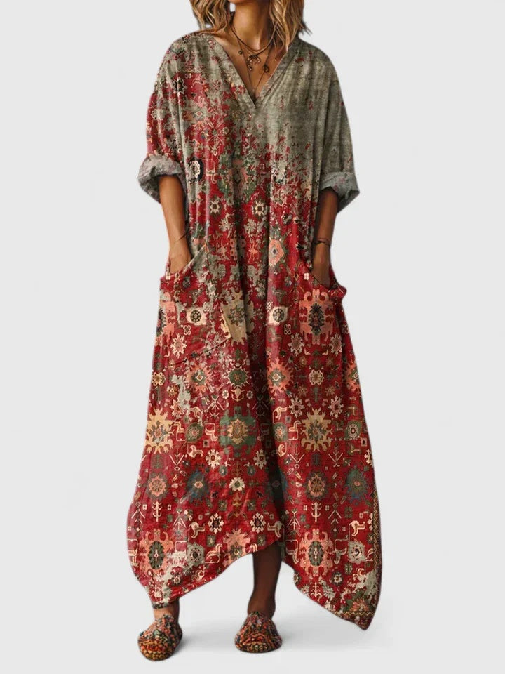 Hajnalka | Nyári Maxi Ruha Női Boho Mintás Zsebes V-nyakú