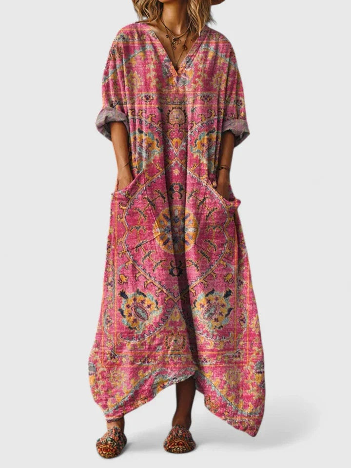 Hajnalka | Nyári Maxi Ruha Női Boho Mintás Zsebes V-nyakú