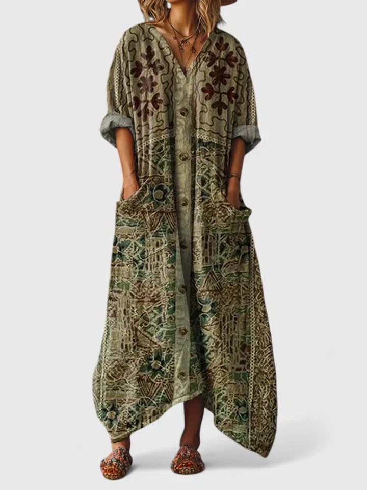 Hajnalka | Nyári Maxi Ruha Női Boho Mintás Zsebes V-nyakú