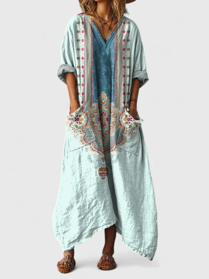Hajnalka | Nyári Maxi Ruha Női Boho Mintás Zsebes V-nyakú