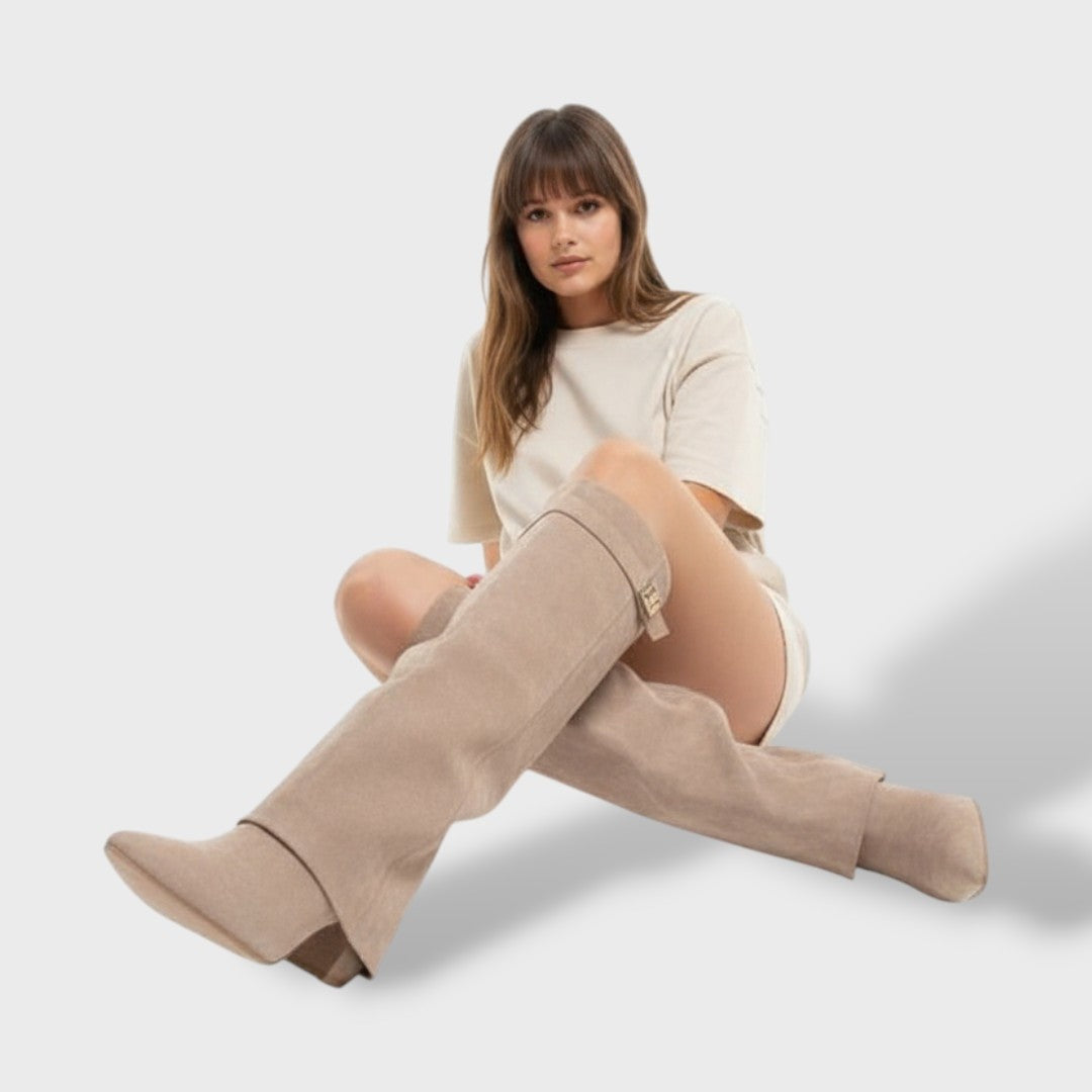 Heidi | Kniehohe Stiefel Damen Veloursleder Blockabsatz
