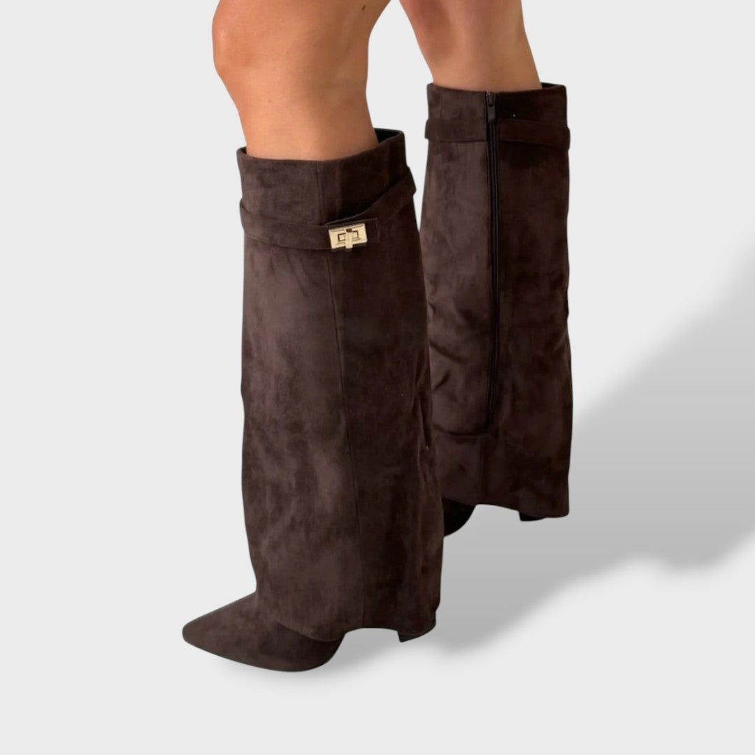 Heidi | Kniehohe Stiefel Damen Veloursleder Blockabsatz