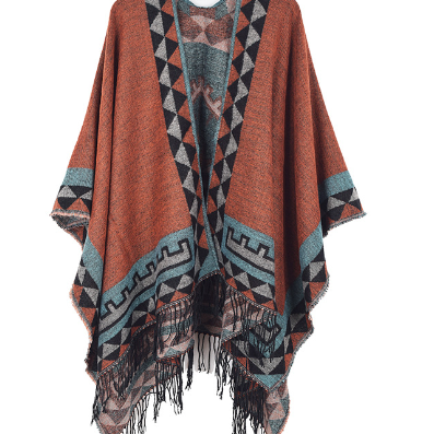 Heidi | Poncho Damen Ethno-Muster mit Fransen Cape