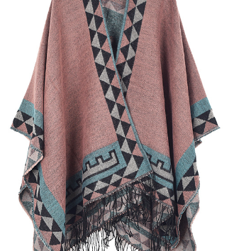 Heidi | Poncho Damen Ethno-Muster mit Fransen Cape