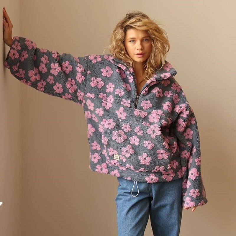 Ildikó | Cipzáras Pulóver Női Virágmintás Polár Oversize