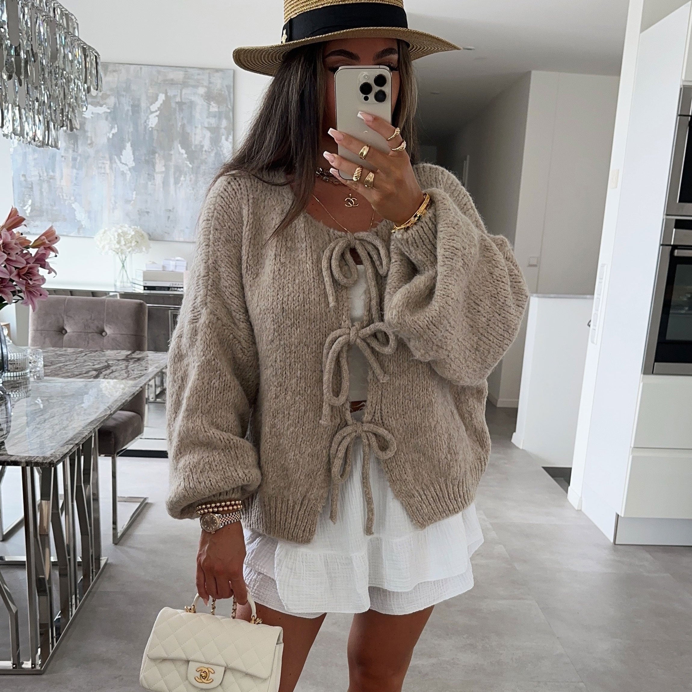 Irene | Strickjacke Damen Oversize mit Schleifen Grobstrick