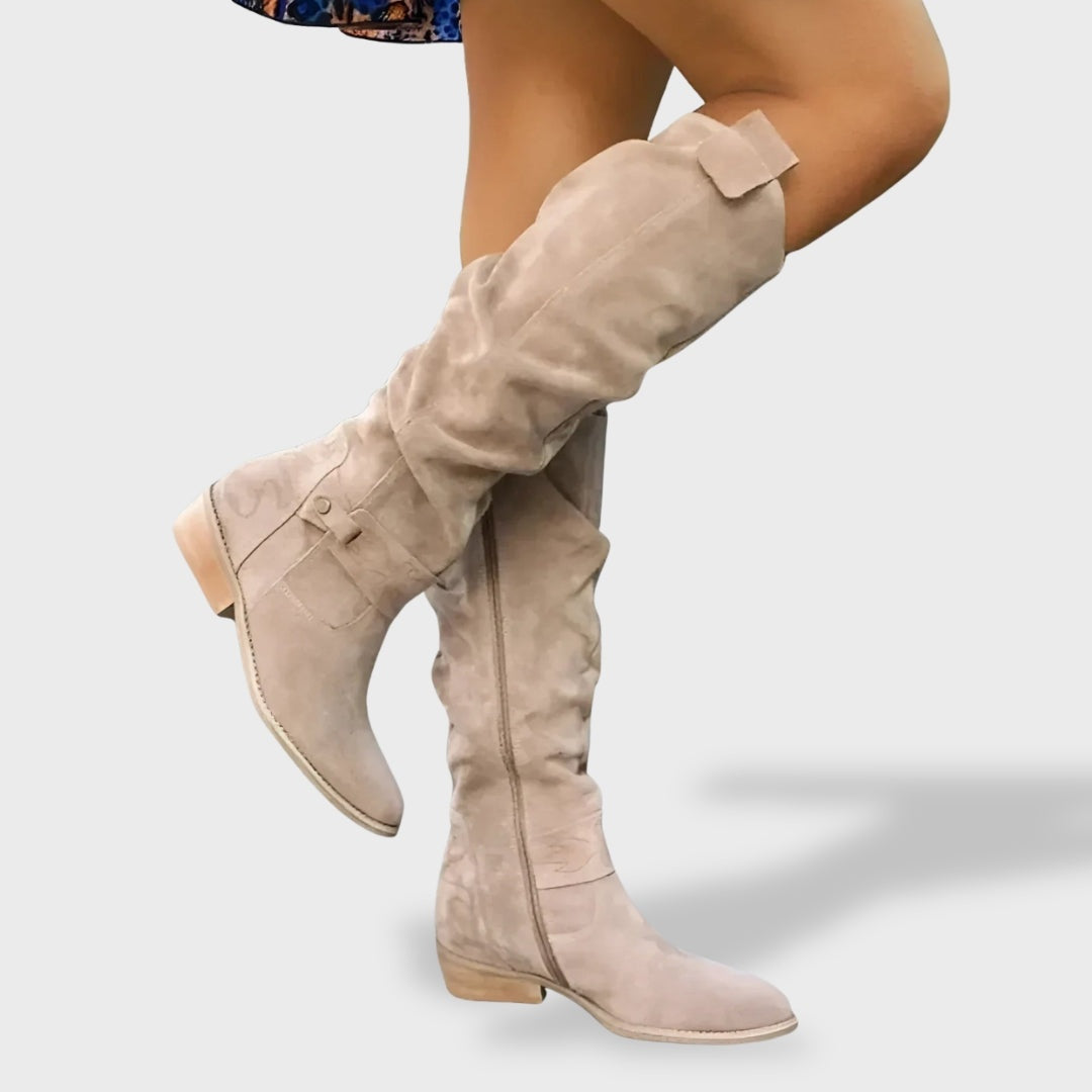 Isabelle | Kniehohe Stiefel Damen Wildleder Blockabsatz