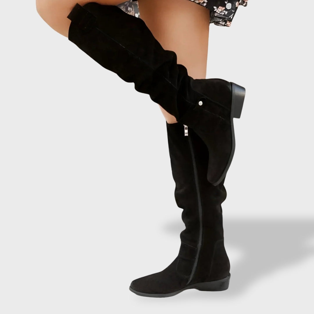 Isabelle | Kniehohe Stiefel Damen Wildleder Blockabsatz