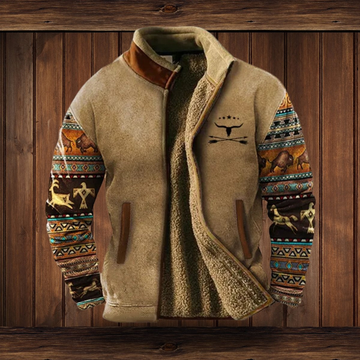 Janis | Fleecejacke Herren Sherpa-Futter Azteken-Muster Stehkragen