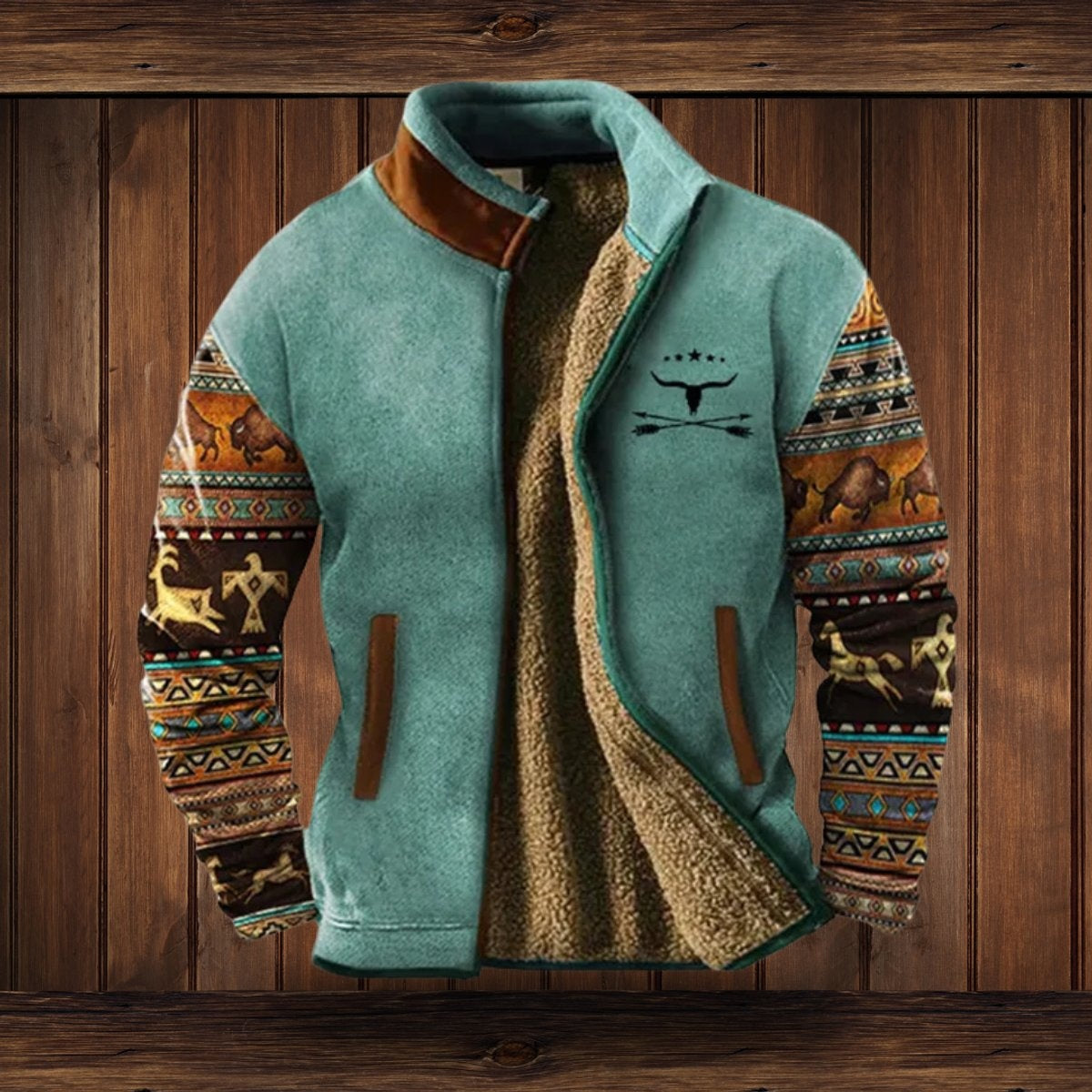 Janis | Fleecejacke Herren Sherpa-Futter Azteken-Muster Stehkragen