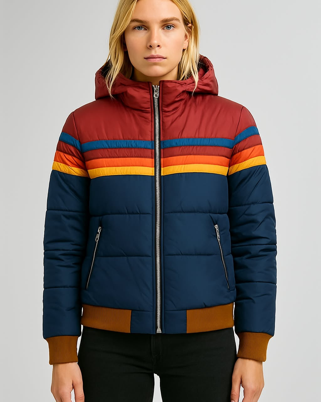 Johanna | Daunenjacke Damen mit Kapuze Gesteppt Retro-Streifen