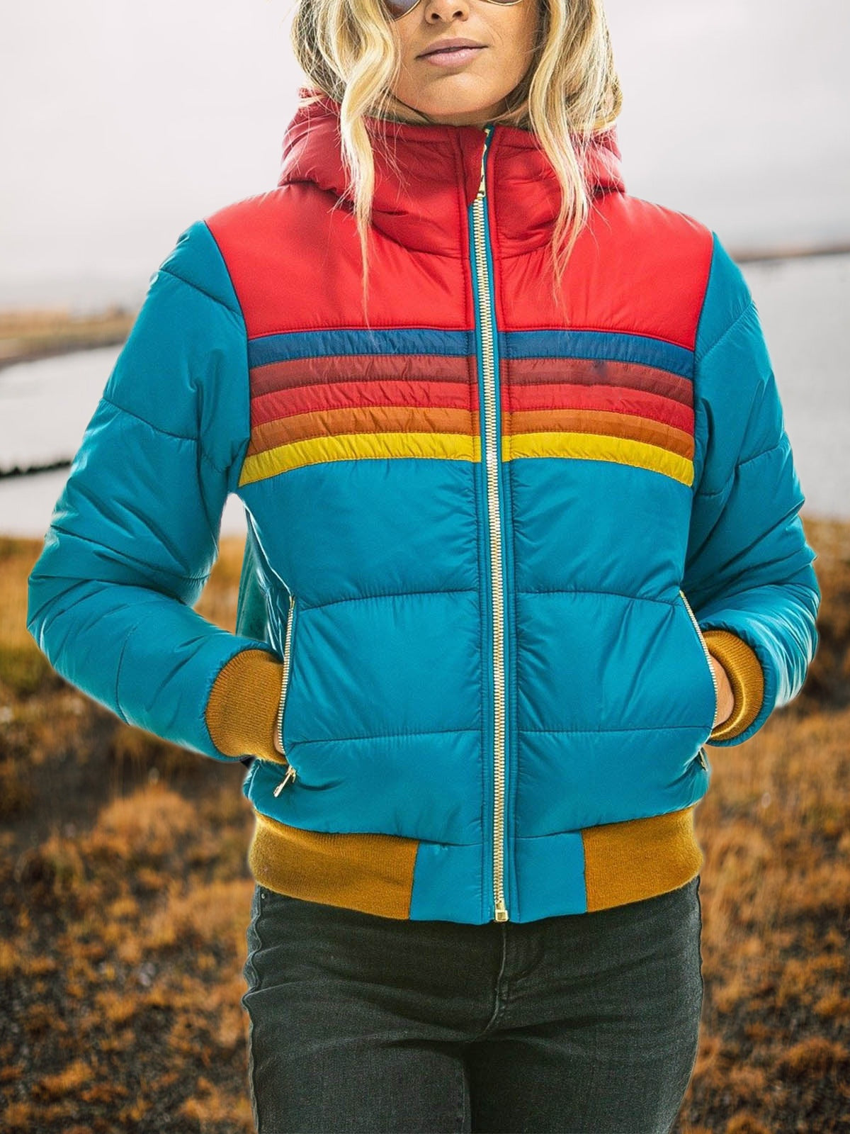 Johanna | Daunenjacke Damen mit Kapuze Gesteppt Retro-Streifen