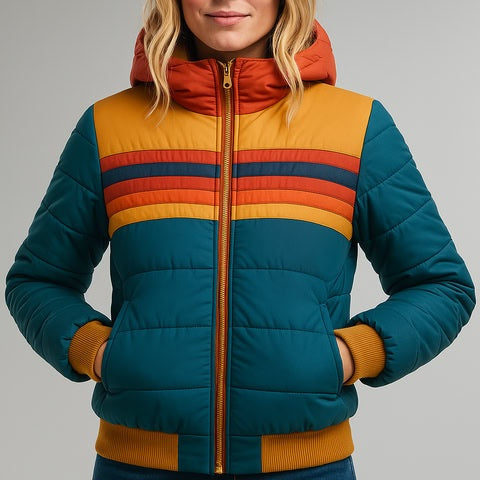 Johanna | Daunenjacke Damen mit Kapuze Gesteppt Retro-Streifen