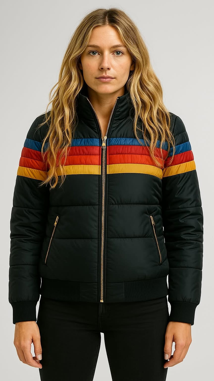 Johanna | Daunenjacke Damen mit Kapuze Gesteppt Retro-Streifen