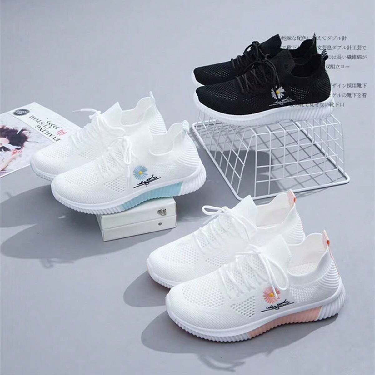 Josephine | Sneaker Damen Strick Blumenstickerei Schnürschuh Leicht