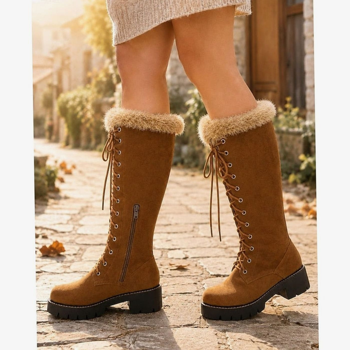 Josephine | Winterstiefel Damen Kunstwildleder Schnürung Kniehoch Plüschkragen