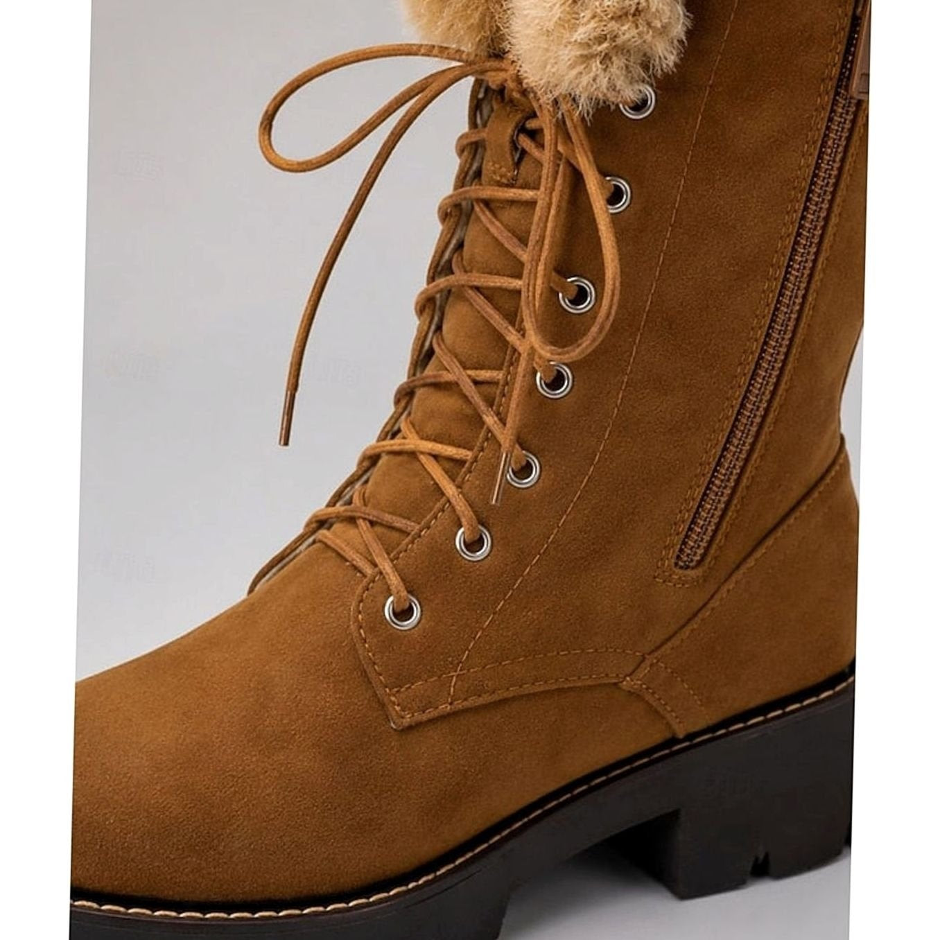 Josephine | Winterstiefel Damen Kunstwildleder Schnürung Kniehoch Plüschkragen