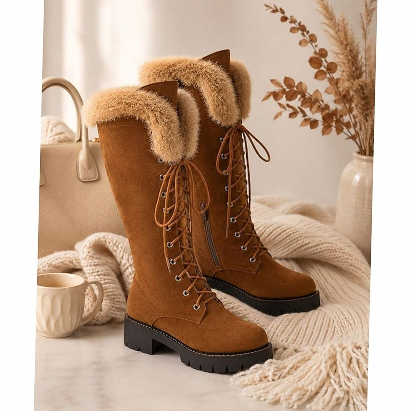 Josephine | Winterstiefel Damen Kunstwildleder Schnürung Kniehoch Plüschkragen