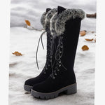 Josephine | Winterstiefel Damen Kunstwildleder Schnürung Kniehoch Plüschkragen