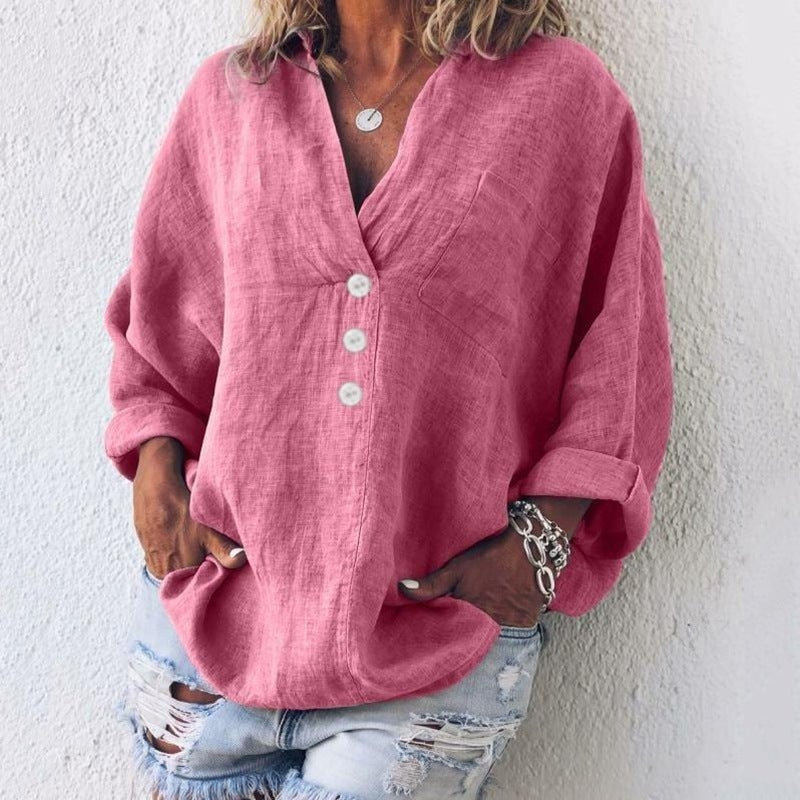 Katalin | Len Blúz Női Oversize V-nyakú Gombos