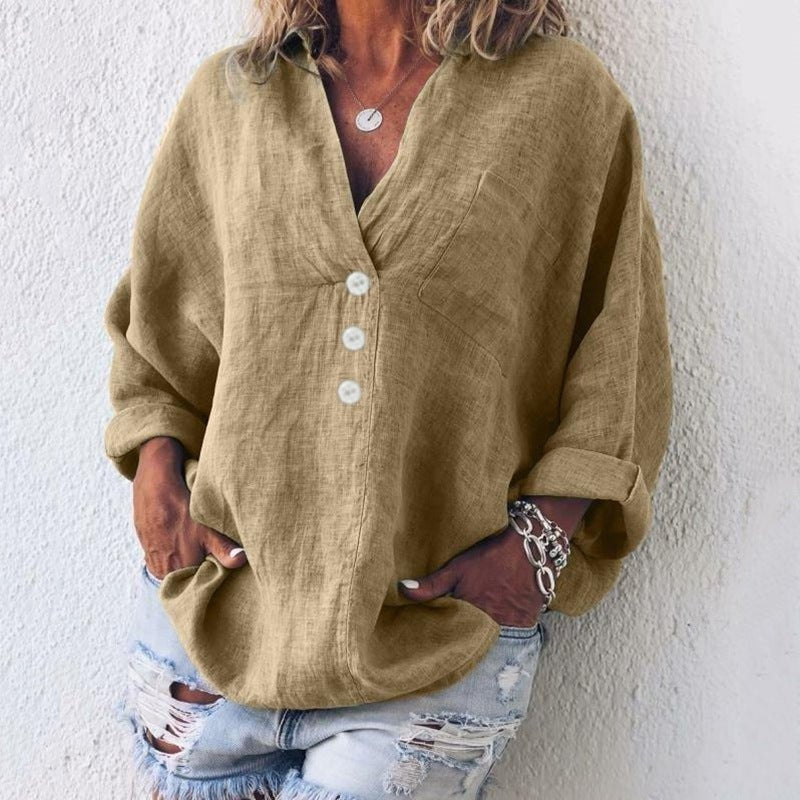 Katalin | Len Blúz Női Oversize V-nyakú Gombos