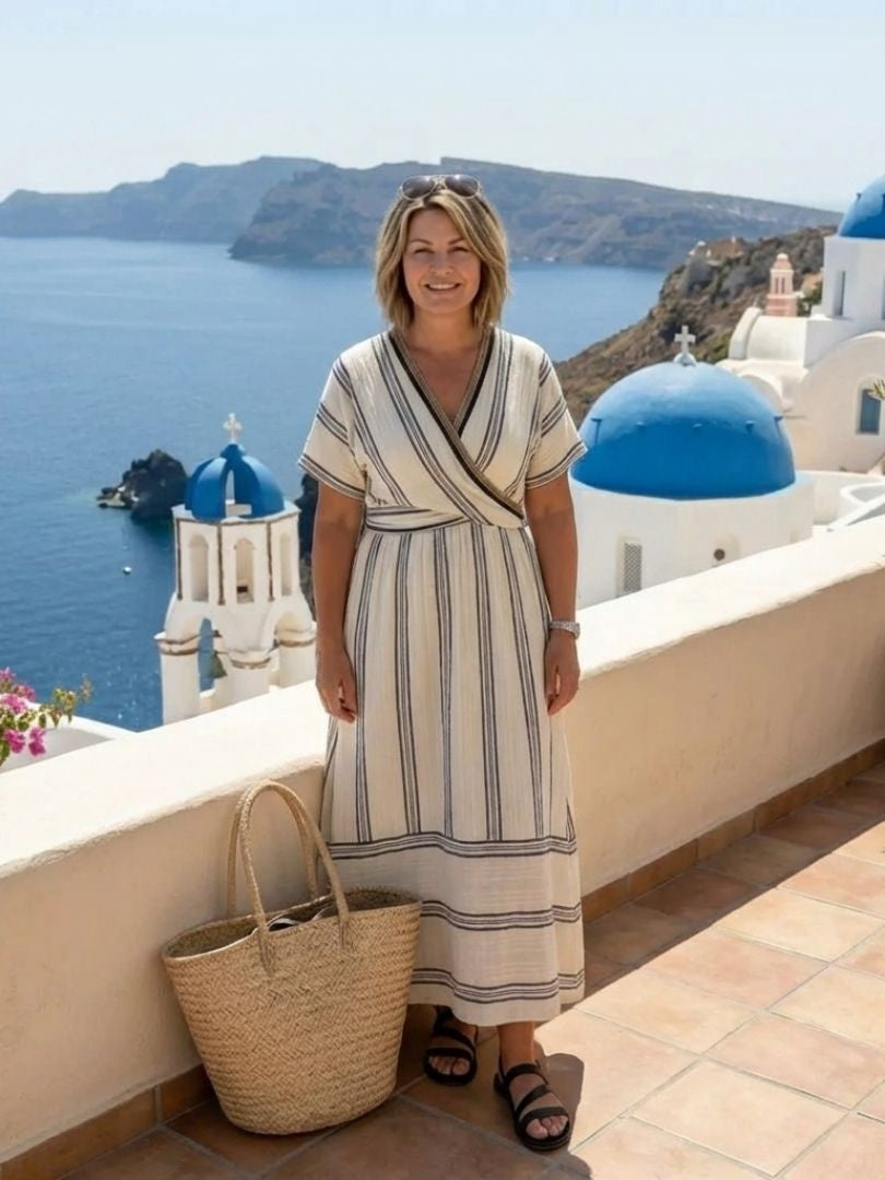 Katalin | Nyári Len Ruha Női Midi Csíkos V-nyakú