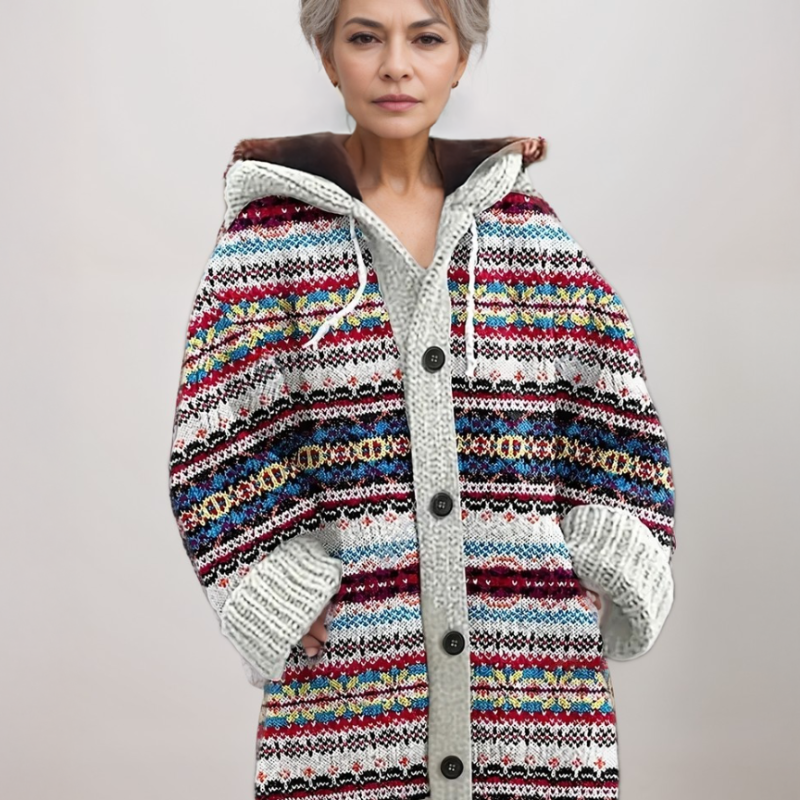 Katharina | Strickjacke Damen mit Kapuze Norweger Muster Knopfleiste