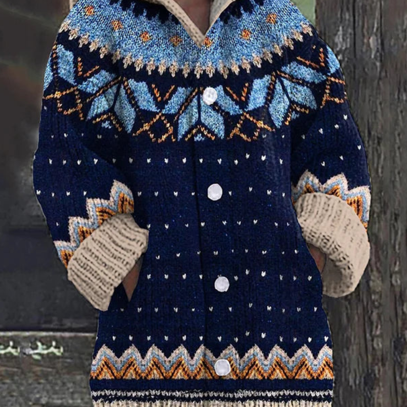 Katharina | Strickjacke Damen mit Kapuze Norweger Muster Knopfleiste