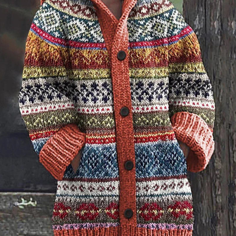 Katharina | Strickjacke Damen mit Kapuze Norweger Muster Knopfleiste