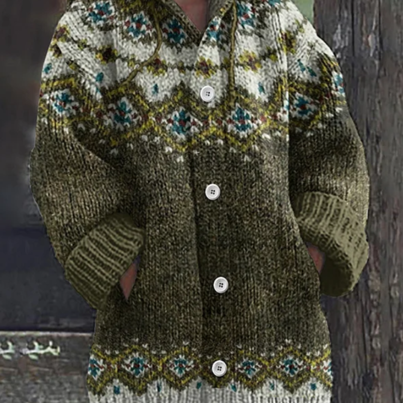 Katharina | Strickjacke Damen mit Kapuze Norweger Muster Knopfleiste