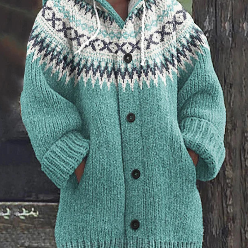 Katharina | Strickjacke Damen mit Kapuze Norweger Muster Knopfleiste