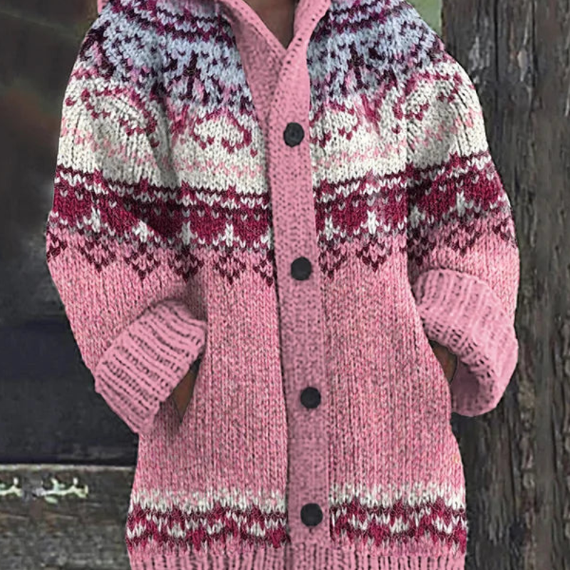 Katharina | Strickjacke Damen mit Kapuze Norweger Muster Knopfleiste