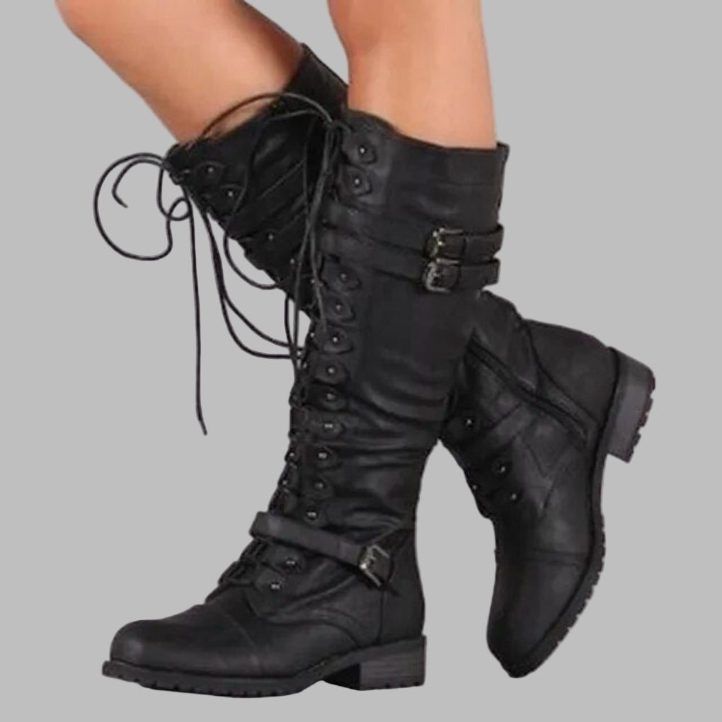 Katja | Schnürstiefel Damen Kniehoch mit Schnallen Blockabsatz