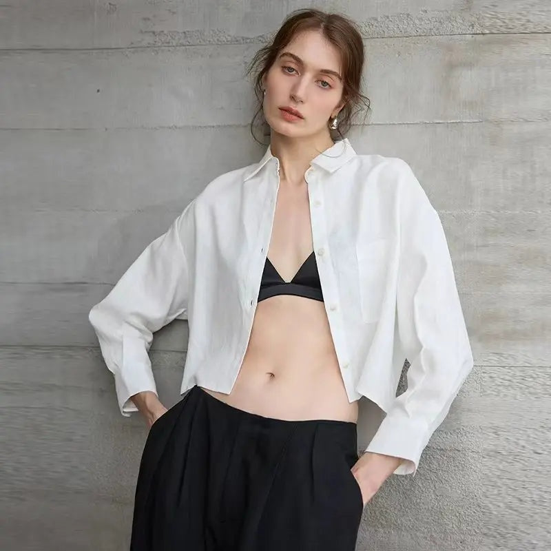 Kinga | Len Ing Rövidített Oversized Női Hosszú Ujjú Gombos
