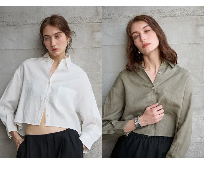 Kinga | Len Ing Rövidített Oversized Női Hosszú Ujjú Gombos