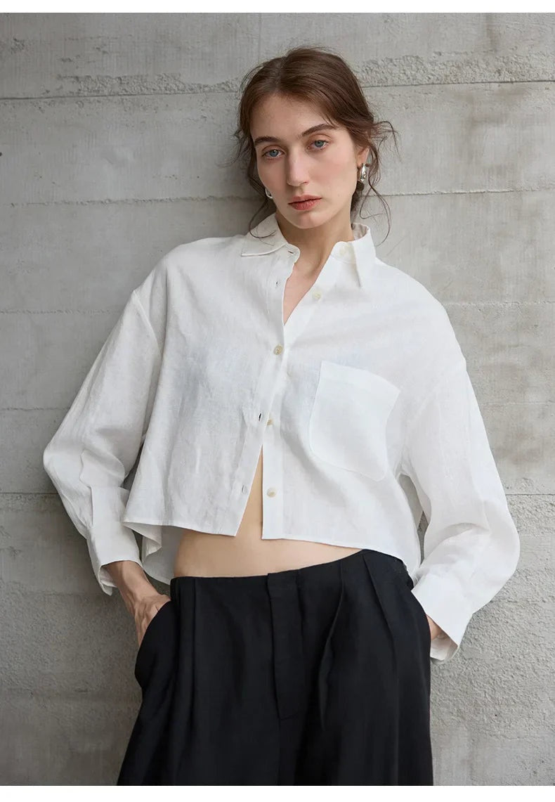 Kinga | Len Ing Rövidített Oversized Női Hosszú Ujjú Gombos