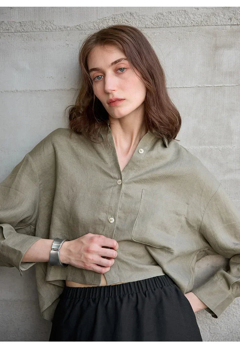 Kinga | Len Ing Rövidített Oversized Női Hosszú Ujjú Gombos