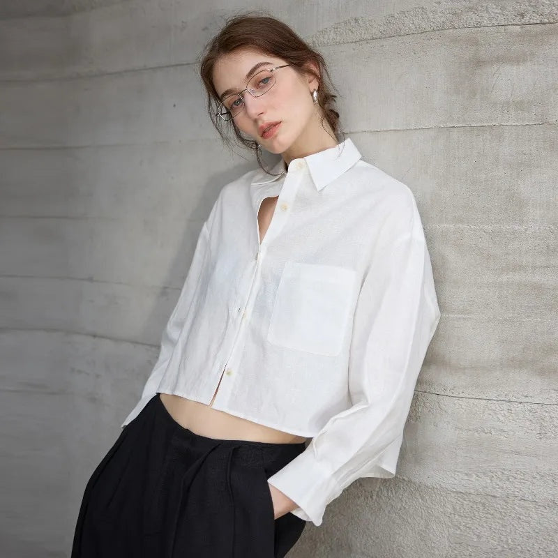 Kinga | Len Ing Rövidített Oversized Női Hosszú Ujjú Gombos