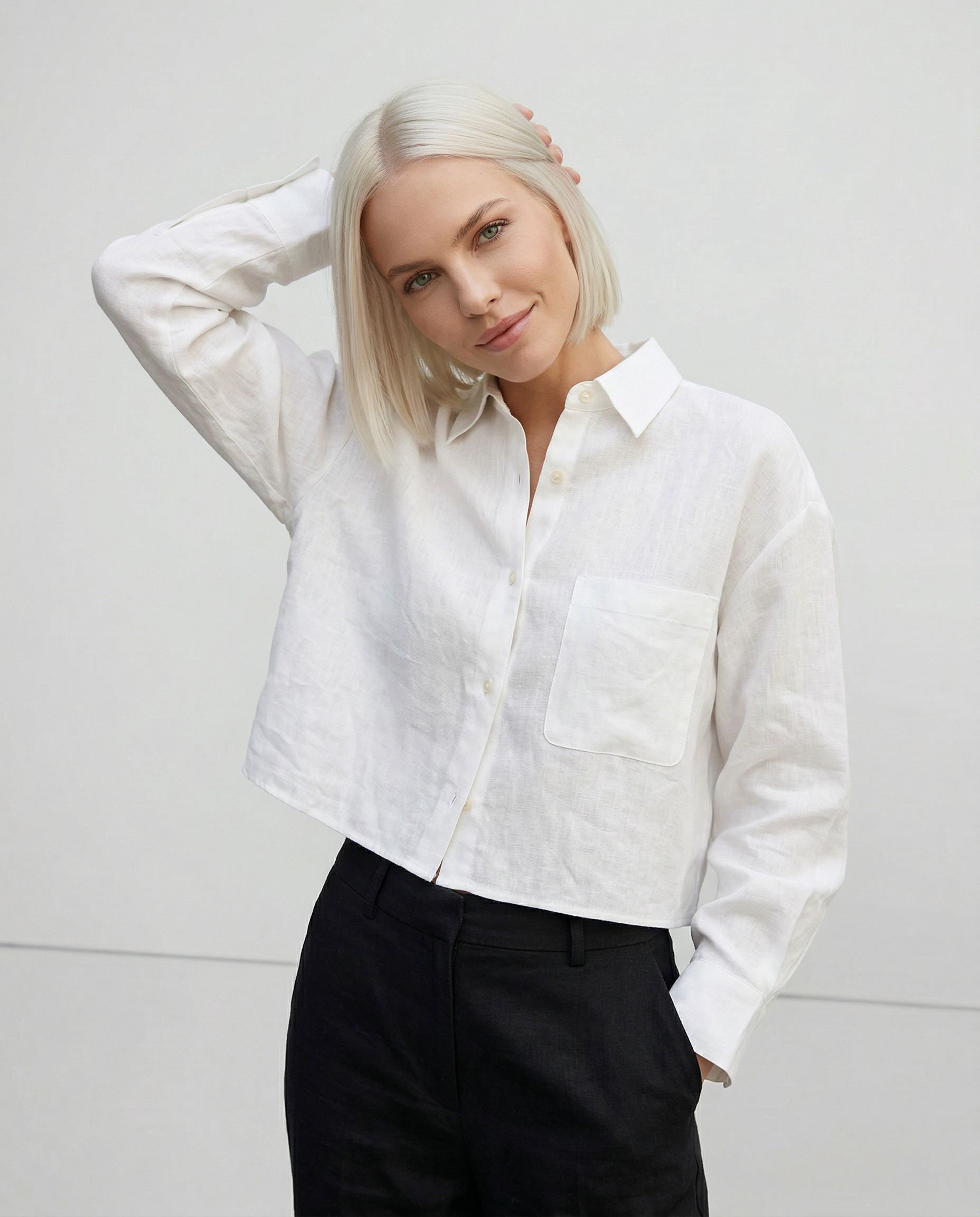 Kinga | Len Ing Rövidített Oversized Női Hosszú Ujjú Gombos