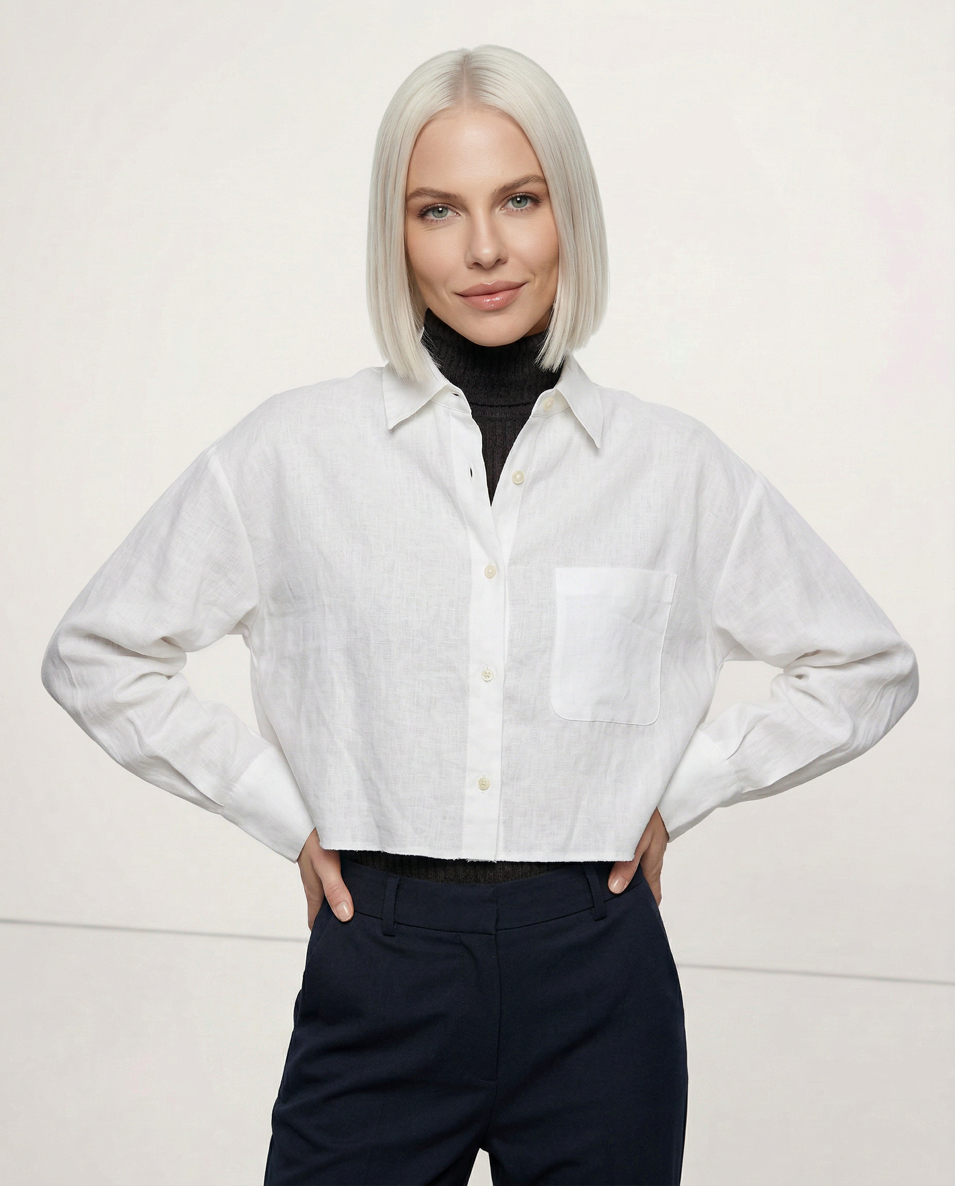 Kinga | Len Ing Rövidített Oversized Női Hosszú Ujjú Gombos