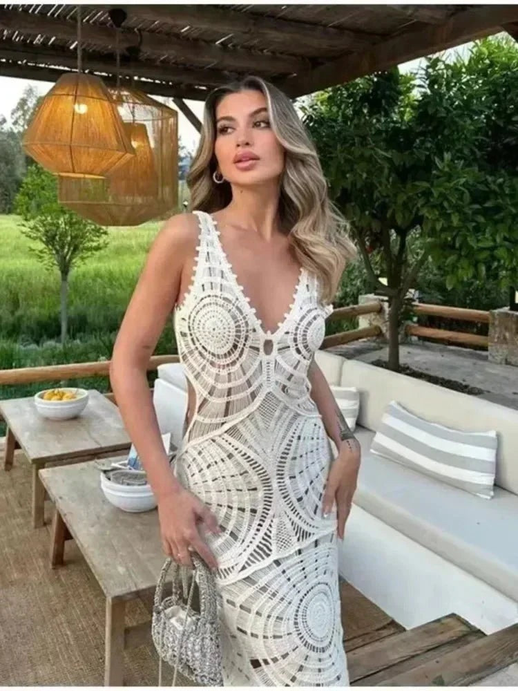 Krisztina | Alkalmi Maxi Ruha Női Horgolt Mély V-nyakú