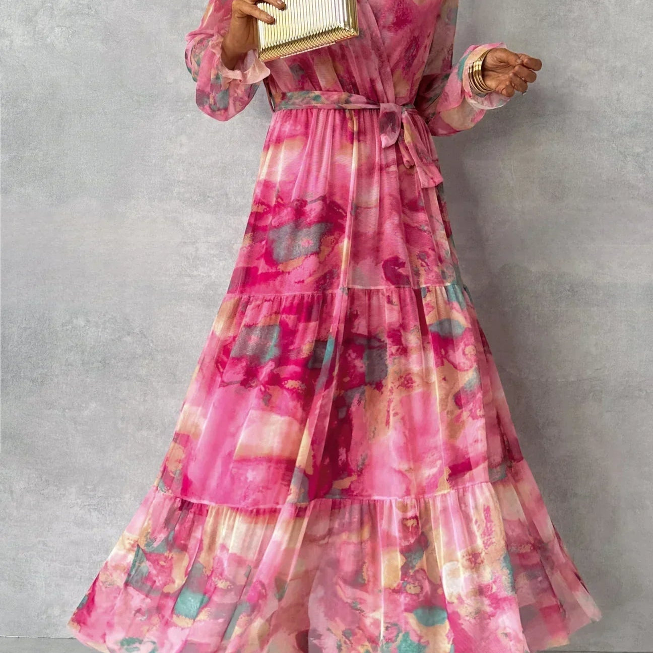 Leonie | Langes Abendkleid Damen Wickelausschnitt Abstraktes Muster
