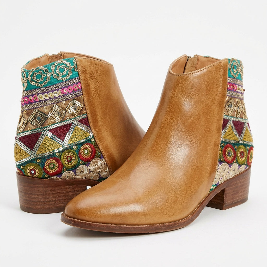 Leonie | Stiefeletten Damen Boho Bestickt Blockabsatz